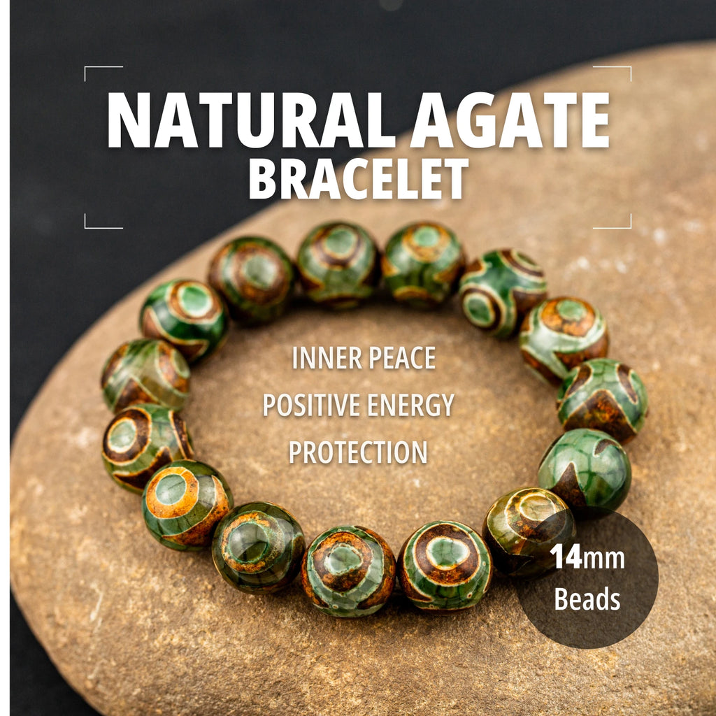 14mm Natural Stone Agate Beaded Bracelet Handmade.