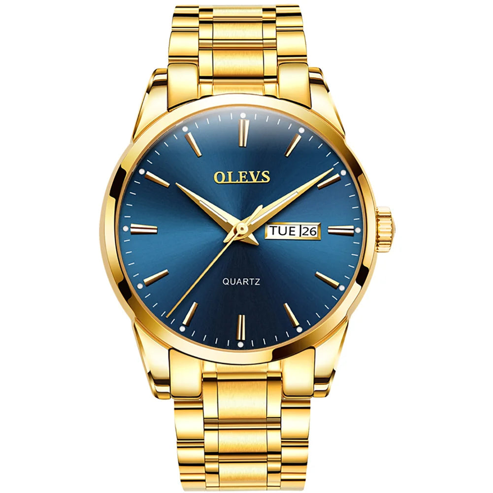 OLEVS Men Watches Waterproof Stainless Steel Quartz - gold-blue
