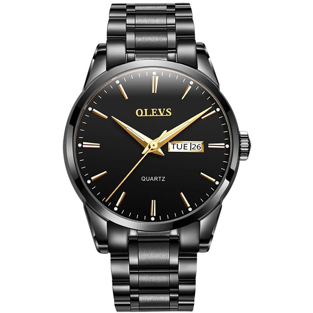 OLEVS Men Watches Waterproof Stainless Steel Quartz - black-black