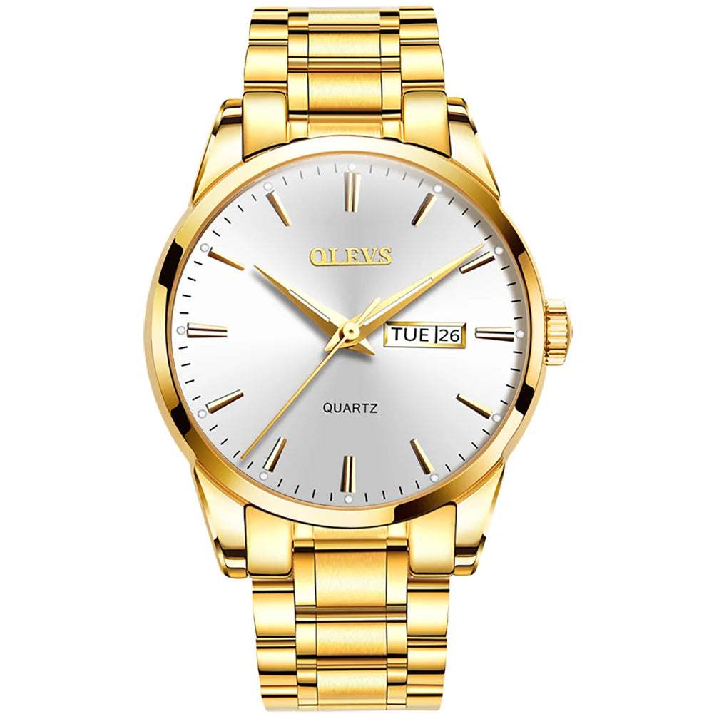 OLEVS Men Watches Waterproof Stainless Steel Quartz - gold-white