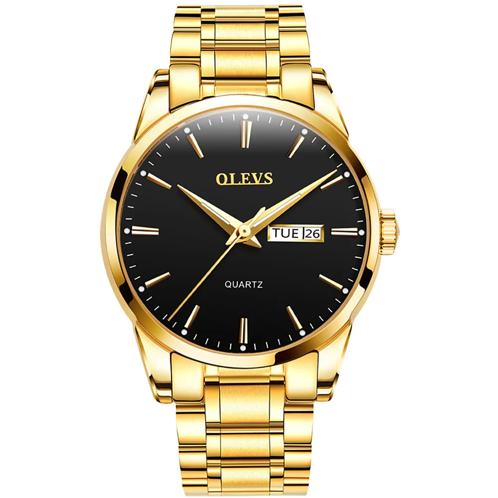 OLEVS Men Watches Waterproof Stainless Steel Quartz - gold-black