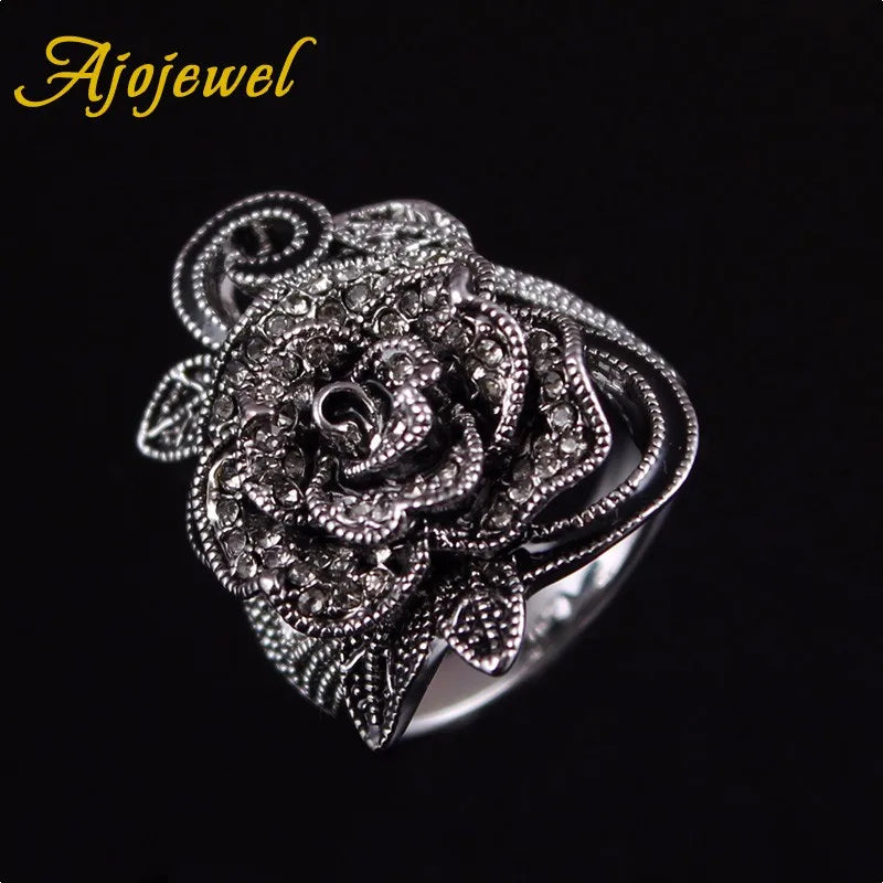 Ajojewel Black Crystal Rhinestone Rose Flower