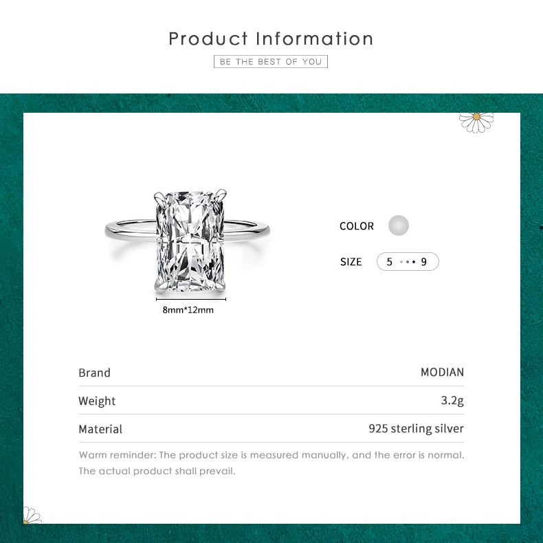 Modian Classic Rectangular Cutting Clear CZ Ring Solid