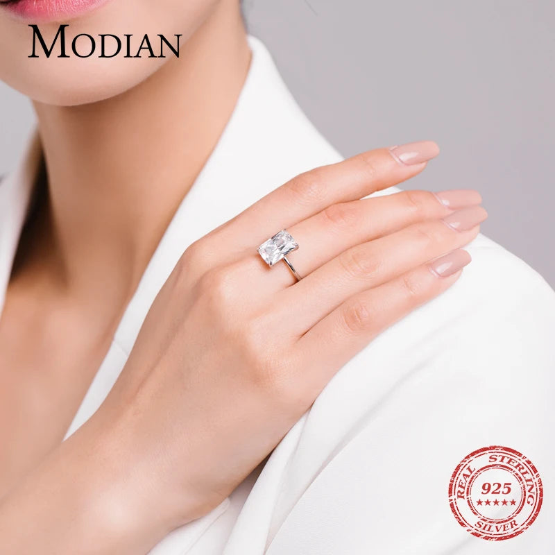 Modian Classic Rectangular Cutting Clear CZ Ring Solid