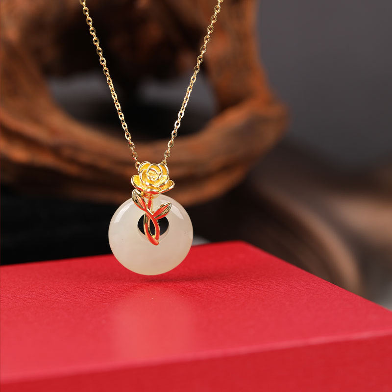 S925 Sterling Silver Chinoiserie Rose Jade Necklace