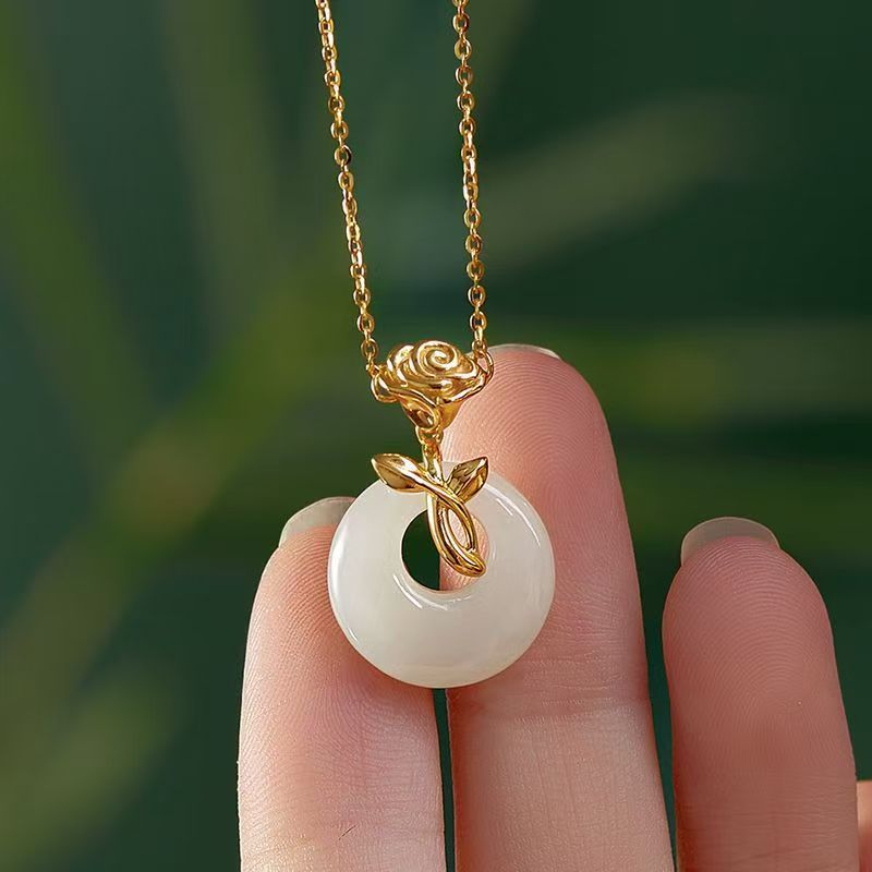 S925 Sterling Silver Chinoiserie Rose Jade Necklace