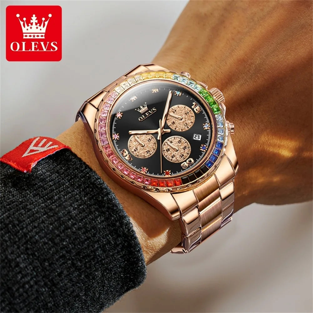 Watch for Men OLEVS Rainbow Gemstone Bezel Business