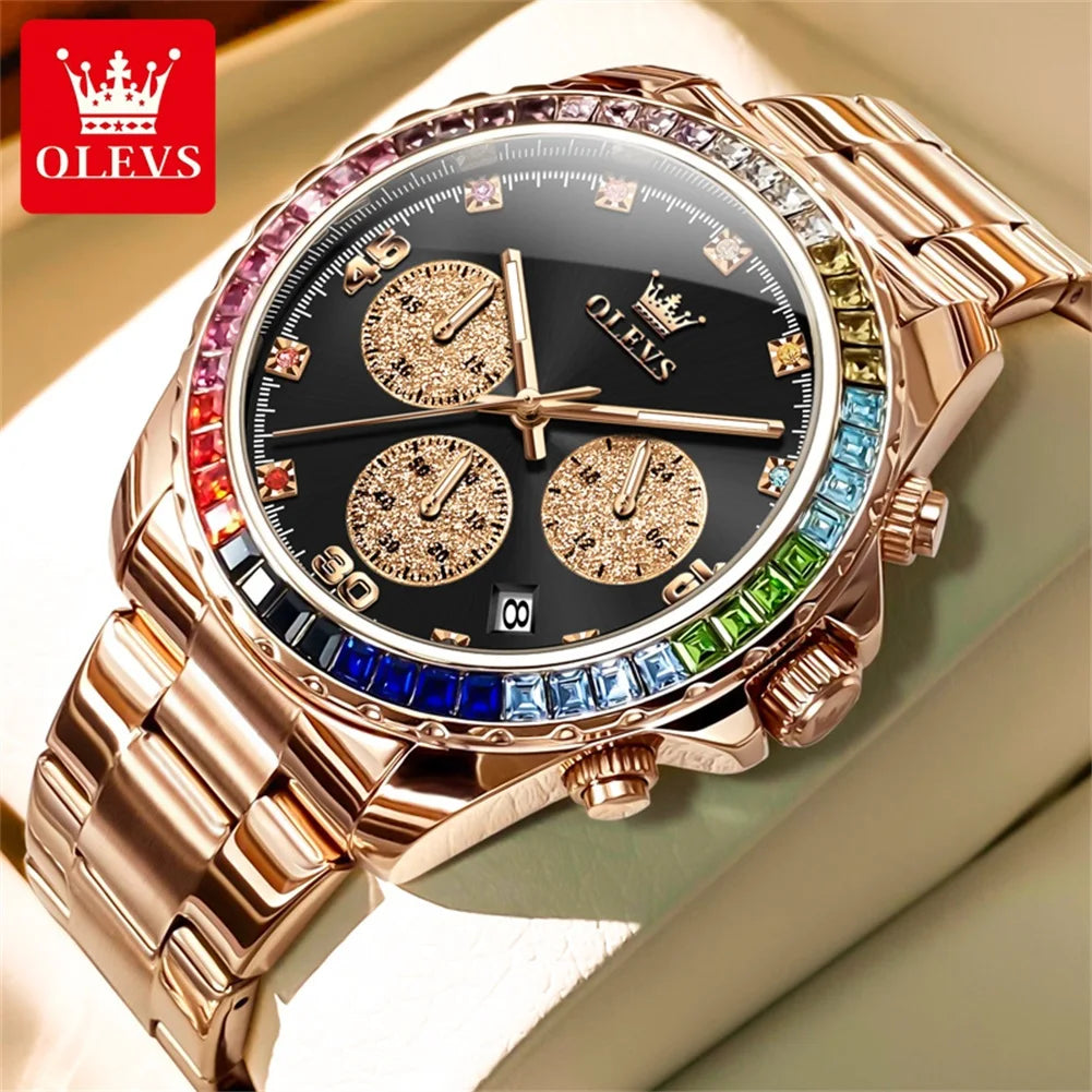 Watch for Men OLEVS Rainbow Gemstone Bezel Business