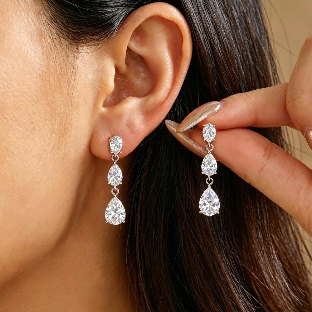 3-Stones Full Moissanite Drop Earring for Women
