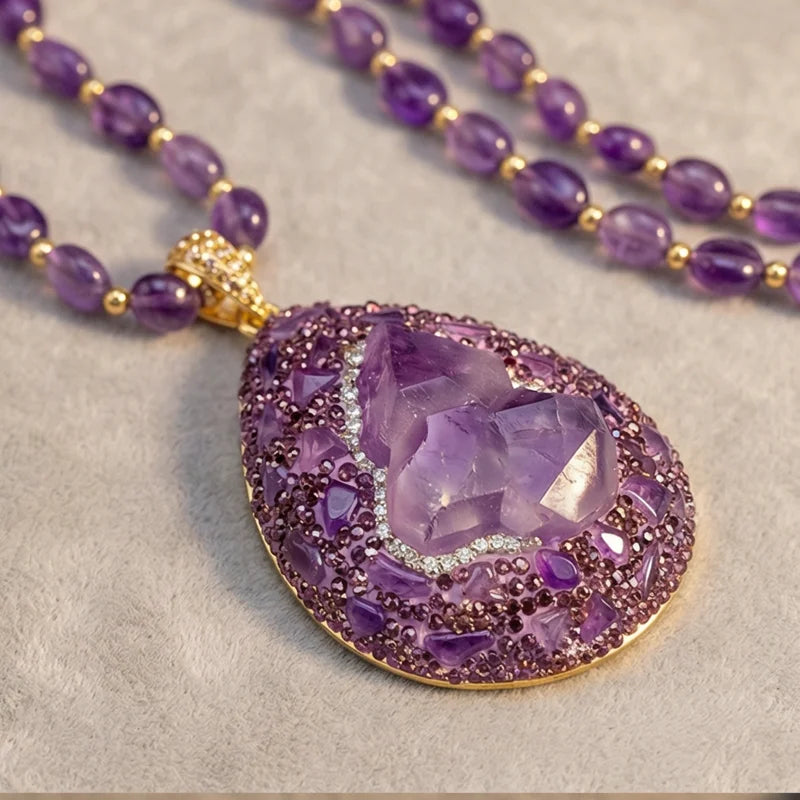 3pcs Jewelry Set Large Raw Amethyst Quartz Crystal