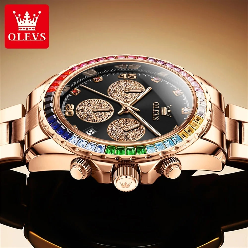 Watch for Men OLEVS Rainbow Gemstone Bezel Business