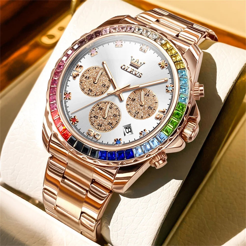 Watch for Men OLEVS Rainbow Gemstone Bezel Business - rose gold white