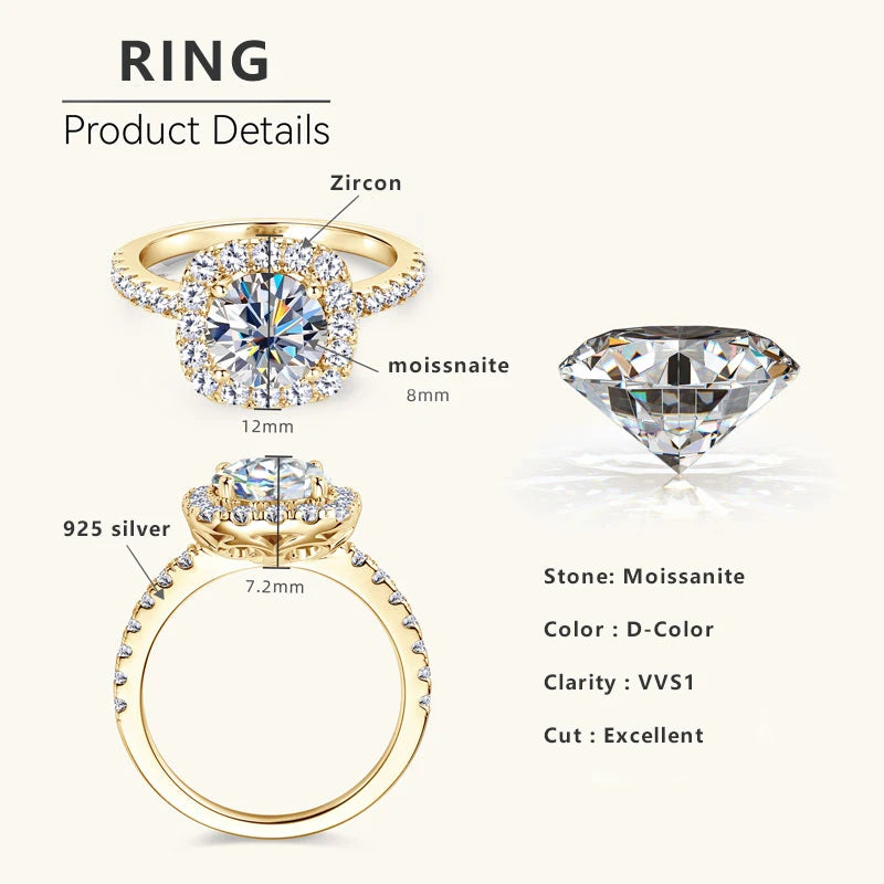 Lnngy 8mm 2ct Moissanite Halo Ring Certified 925