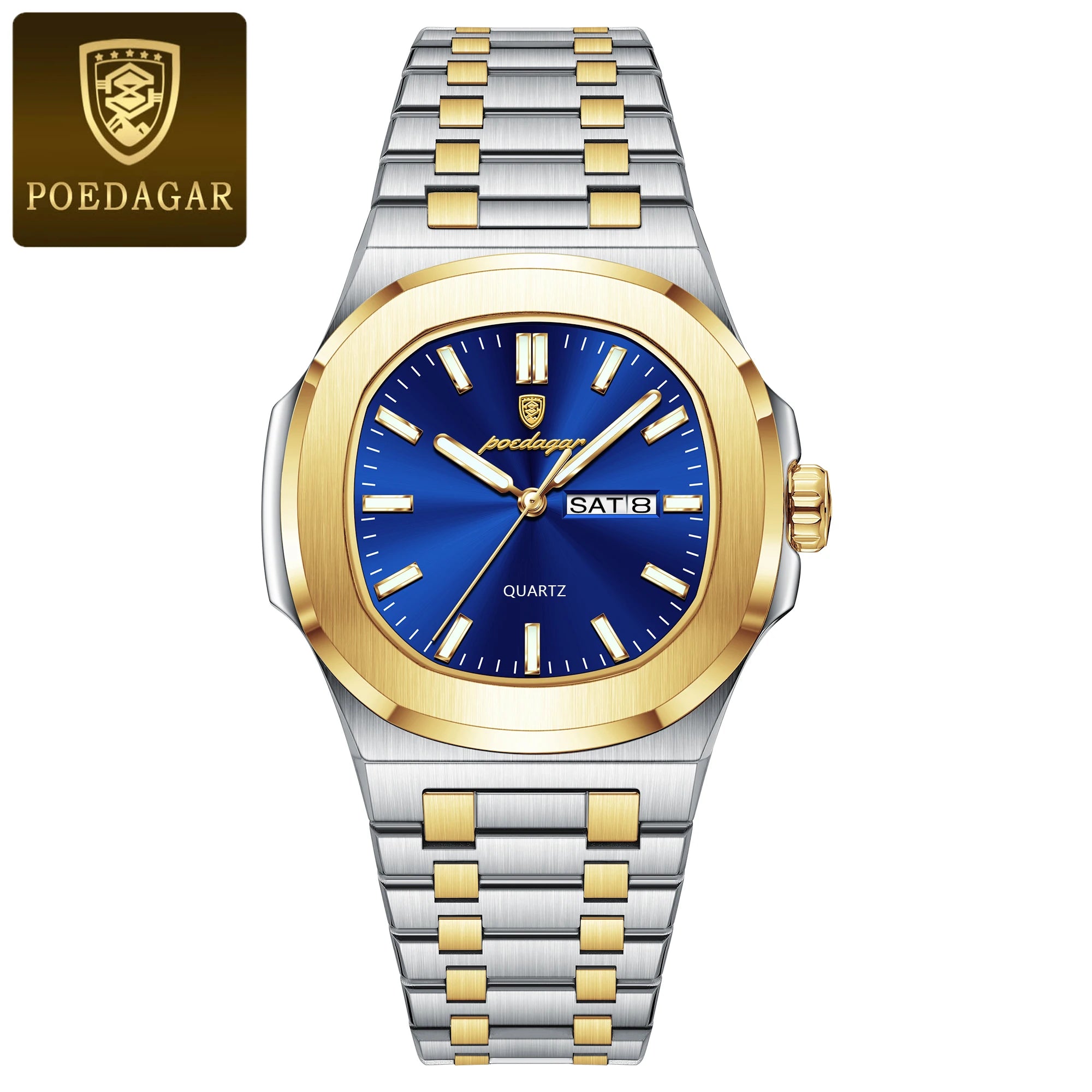 POEDAGAR Luxury Square Men's Watches Waterproof - 853 Gold Blue