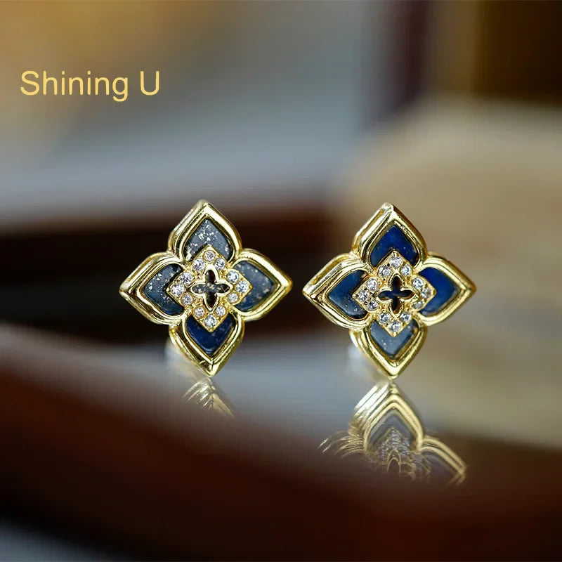 Shining U S925 Silver Lapis Lazuli Clover Jewelry Set - Stud earrings / gold