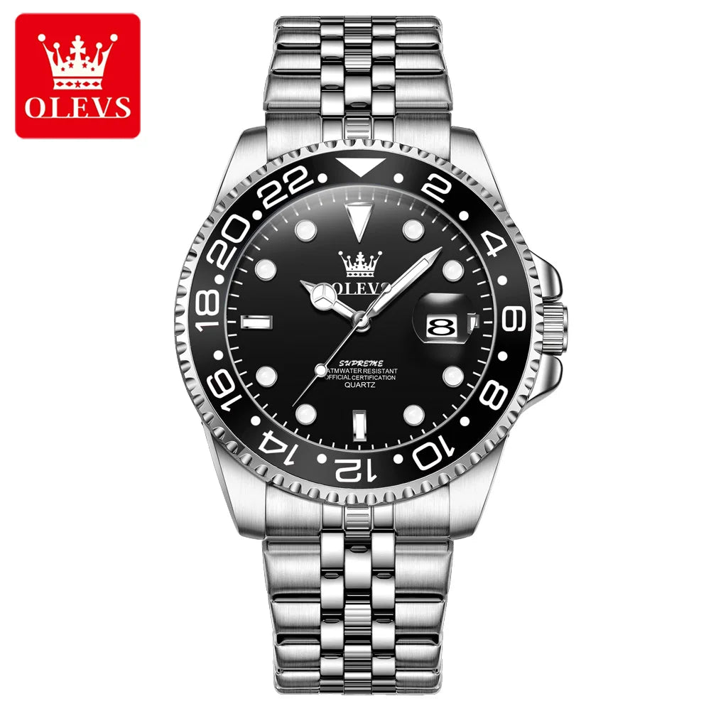 OLEVS Top Men's Watches Original Stainless Steel Date - Silver Black