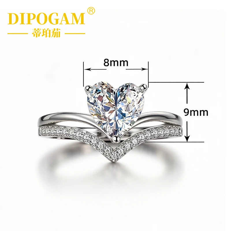 Dipogam 2CT Colorful Heart Moissanite Ring 925