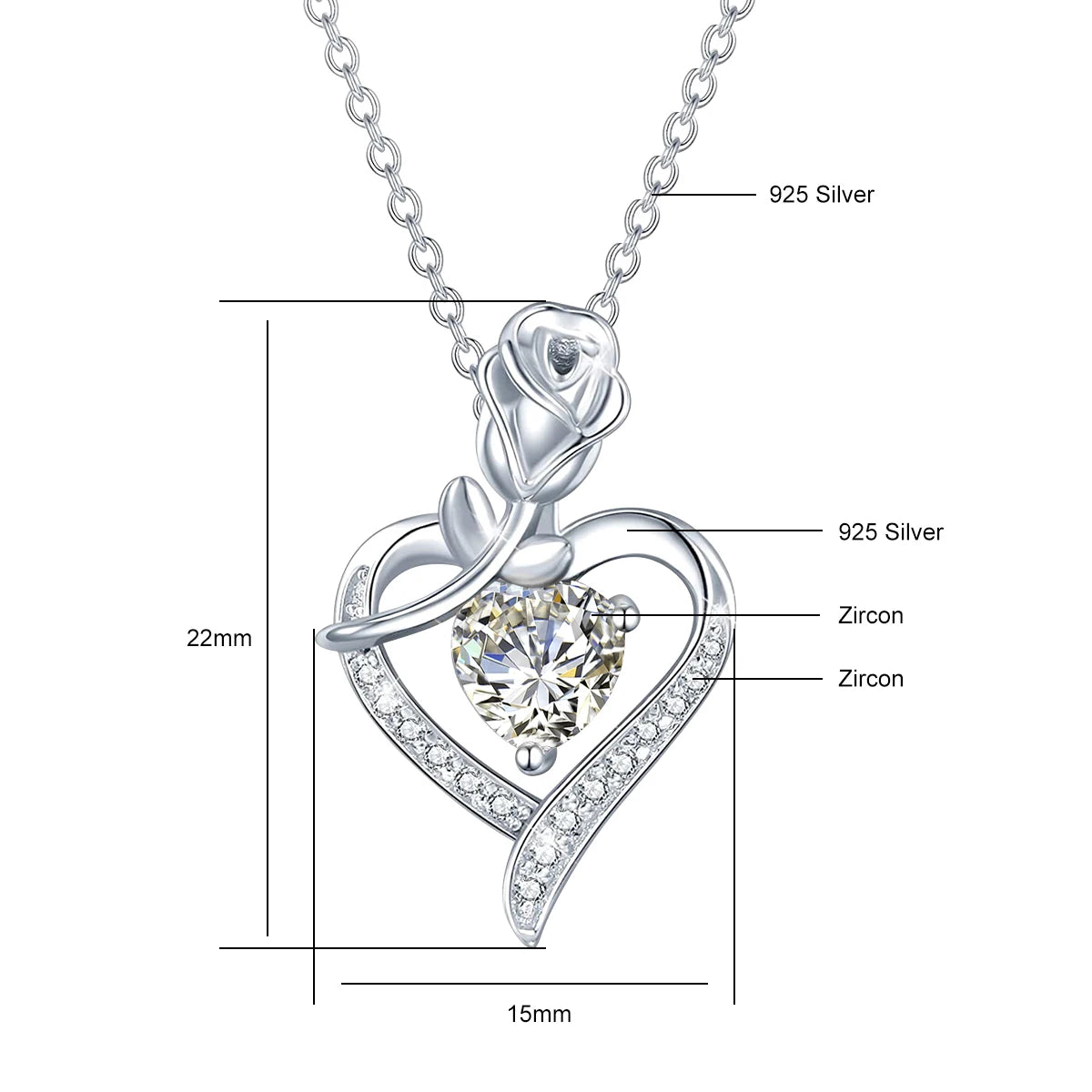 Romantic 925 Silver Necklace Rose Heart Design