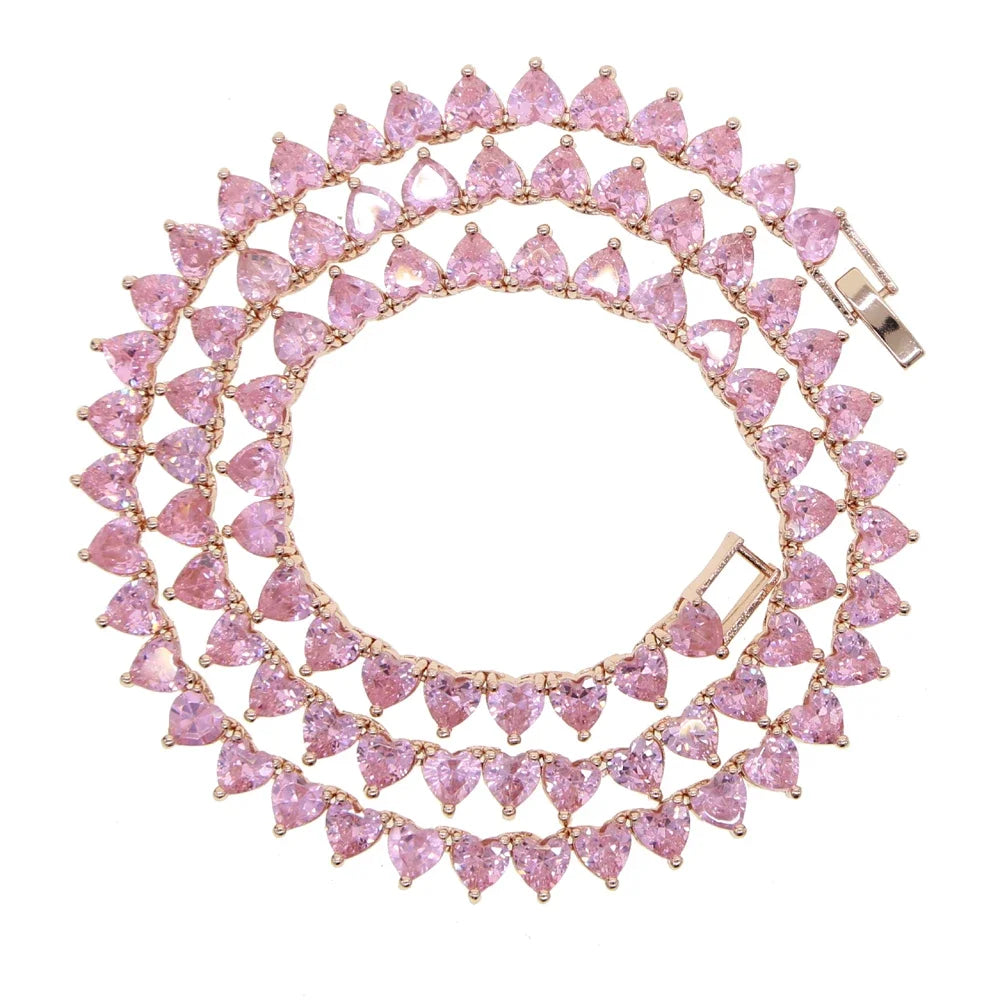 Wholesale 5A Heart Shape CZ Iced Out Bling Heart CZ - 5mm CZ rose pink / 15inch, 5mm CZ rose pink / 18inch, 5mm CZ rose pink / 16inch