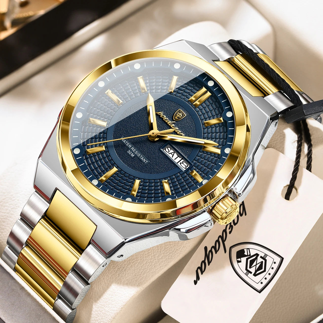 POEDAGAR Top Business Men Wristwatch Stainless Steel - 896 Gold Blue / China Mainland