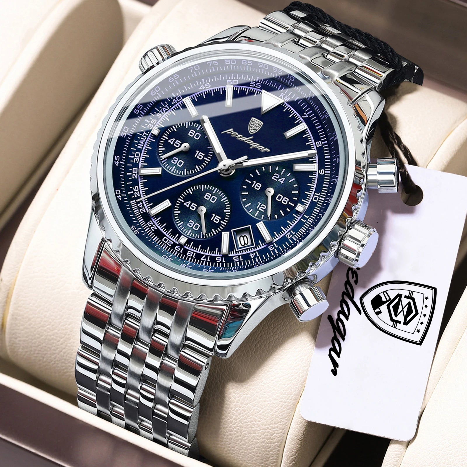 POEDAGAR Luxury Watches For Man Date Chronograph - 960 Silver Blue