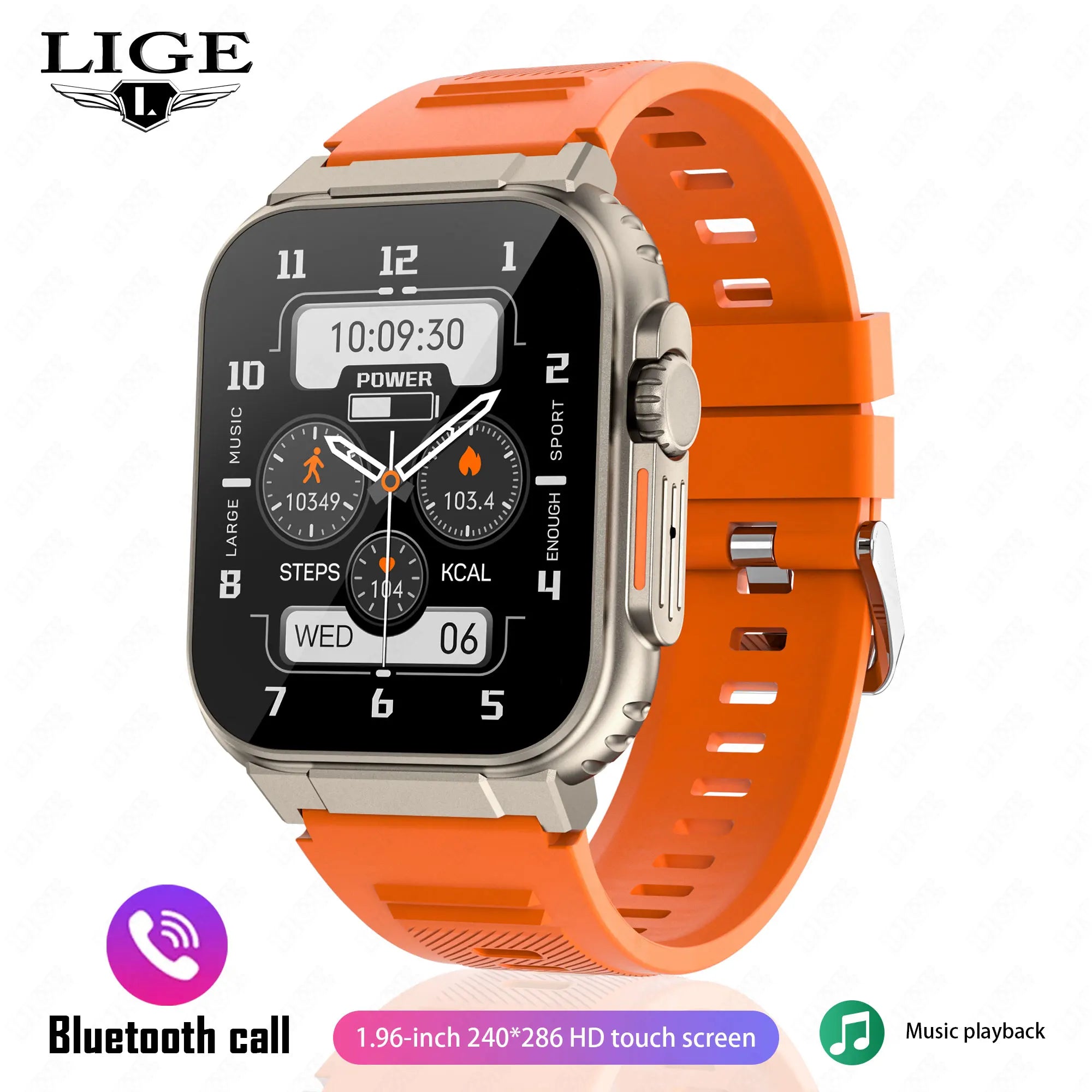 LIGE 600 mA New Smart Watch Men Outdoor Sports Fitness - Silicone orange
