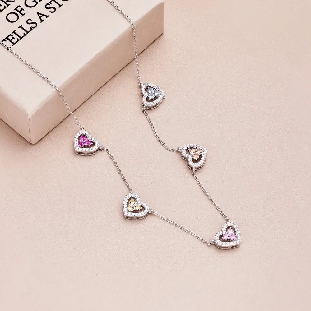 Genuine S925 Sterling Silver Necklace  5-Color Heart - MULTI / 40-45cm