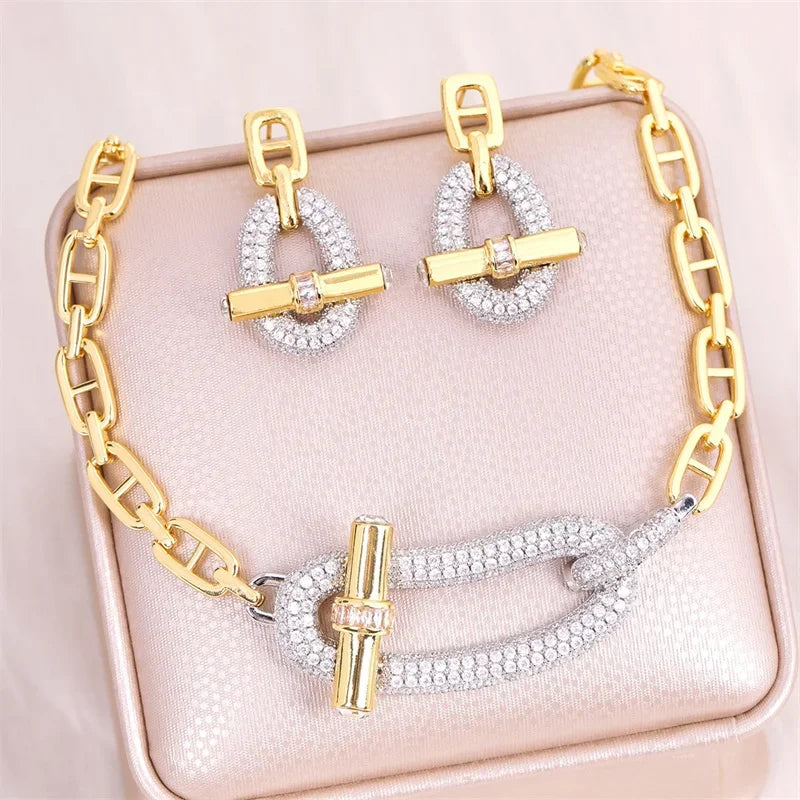18k Gold Plated Stud Chain Nekelace Earrings Pave