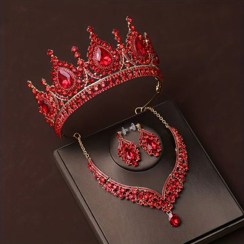 3Pcs Crystal Crown Necklace Earring Set Rhinestone