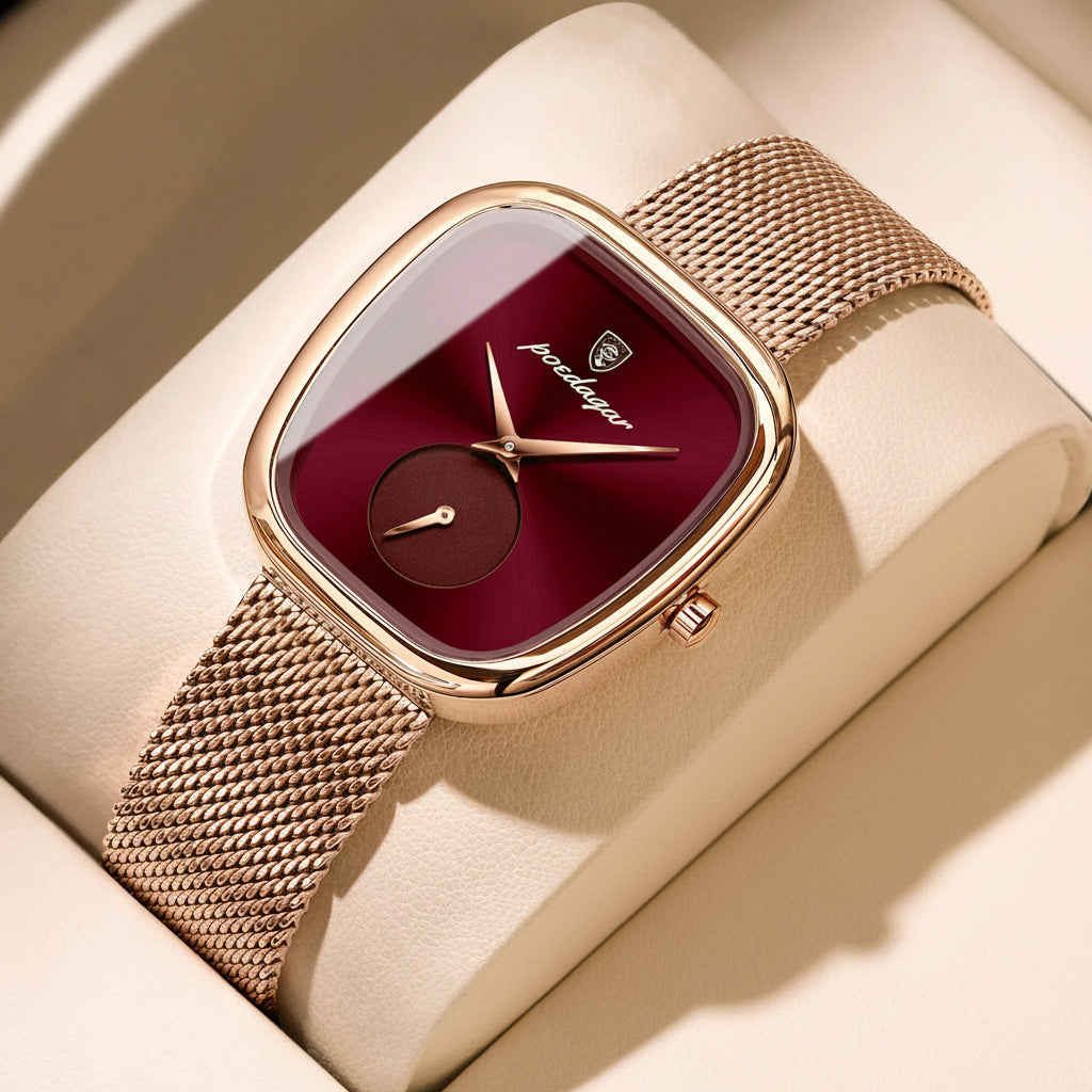 POEDAGAR Luxury Fashion Elegant Ladies Watch - 783 Rose Gold Red