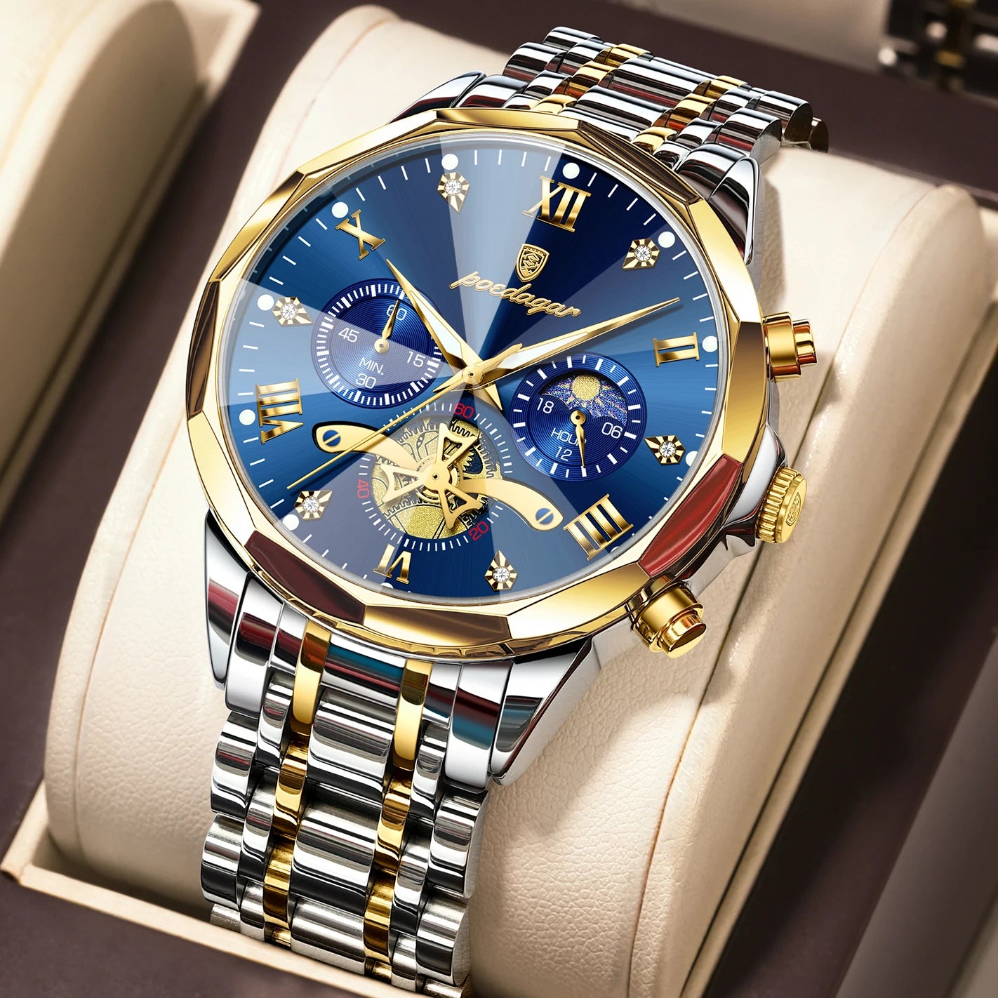 POEDAGAR Luxury Men Clock Waterproof Luminous - 938 Gold Gold Blue / China Mainland