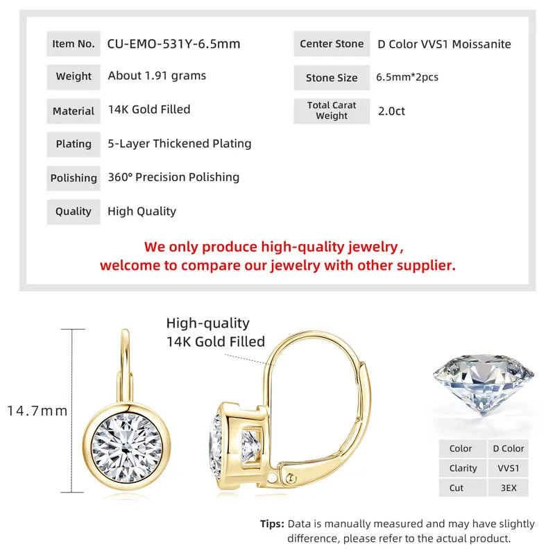 Lnkry 6.5MM/8MM Moissanite Hoop Earring 14k - gold color-6.5mm