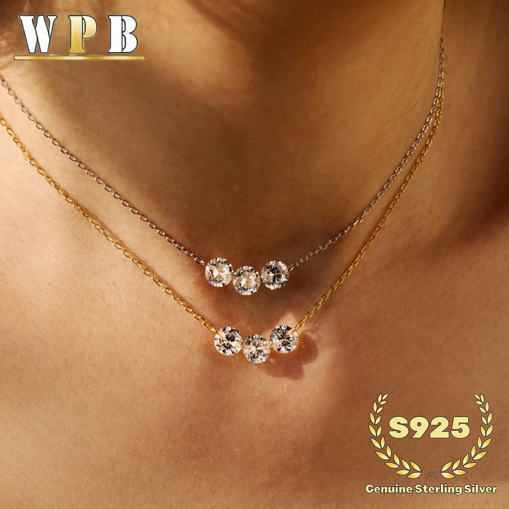 Genuine S925 Silver 3 Sparkling Zircon Necklace Dainty