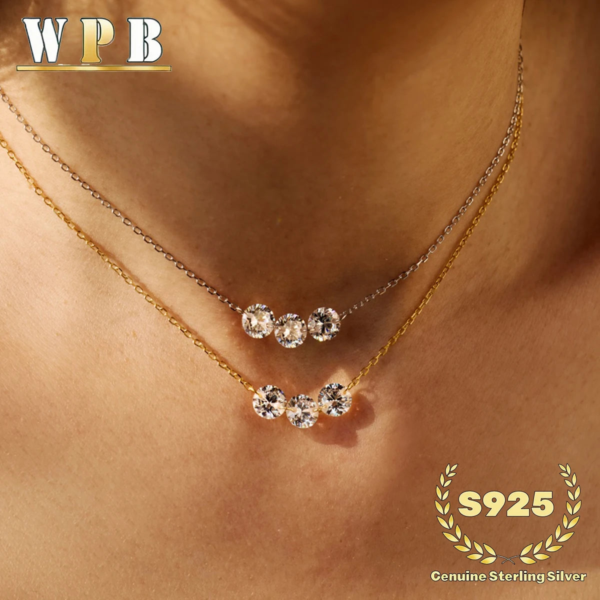 Genuine S925 Silver 3 Sparkling Zircon Necklace Dainty