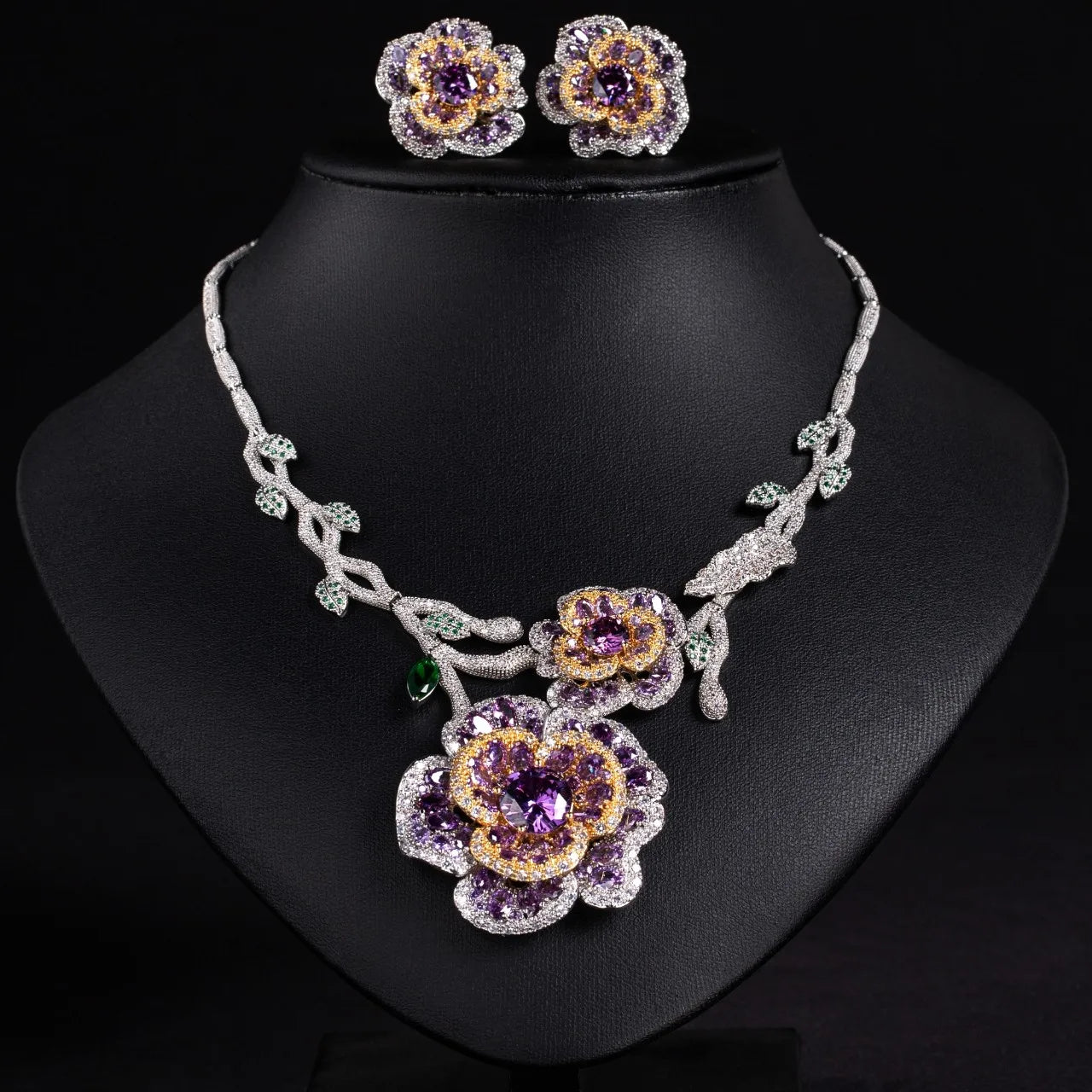 Multicolor Flower Shape Zircon Jewelry Set 2 Piece