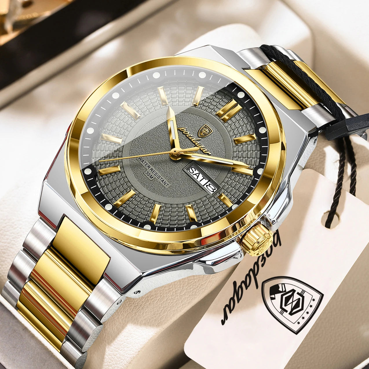 POEDAGAR Top Business Men Wristwatch Stainless Steel - 896 Gold Grey / China Mainland