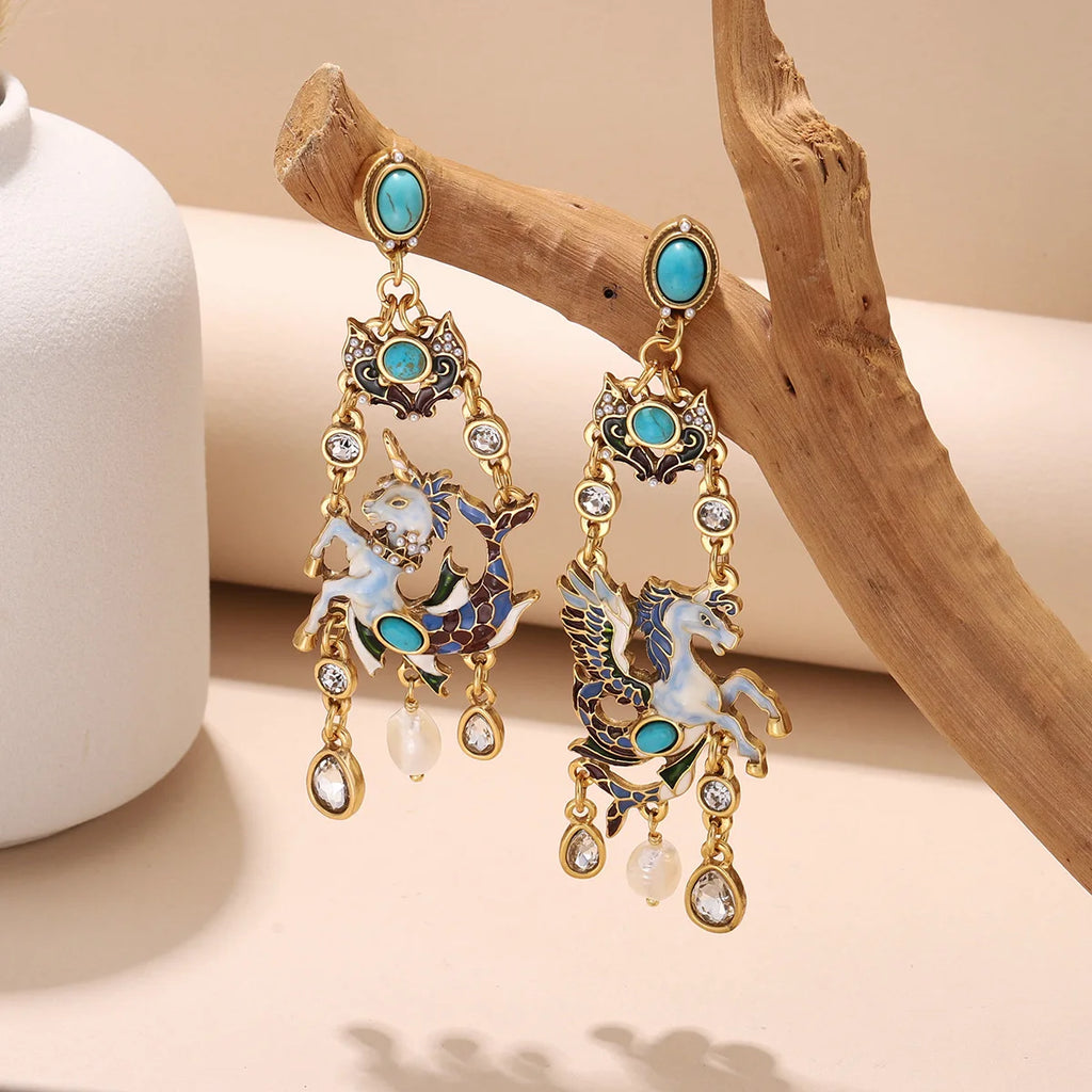 Vintage Enamel Pegasus Drop Earrings for Women -