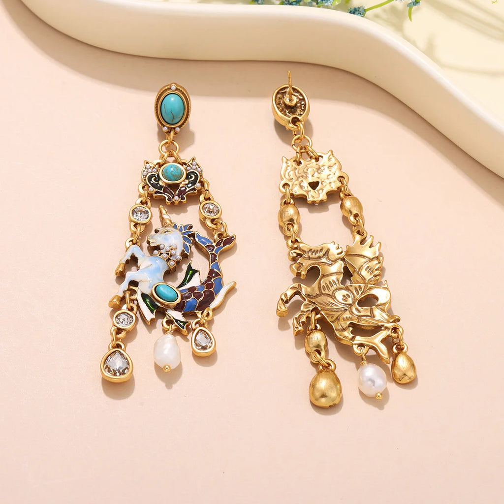 Vintage Enamel Pegasus Drop Earrings for Women -