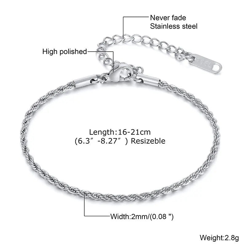 2-5MM Stainless Steel Rope Bracelets for Boys,Adju