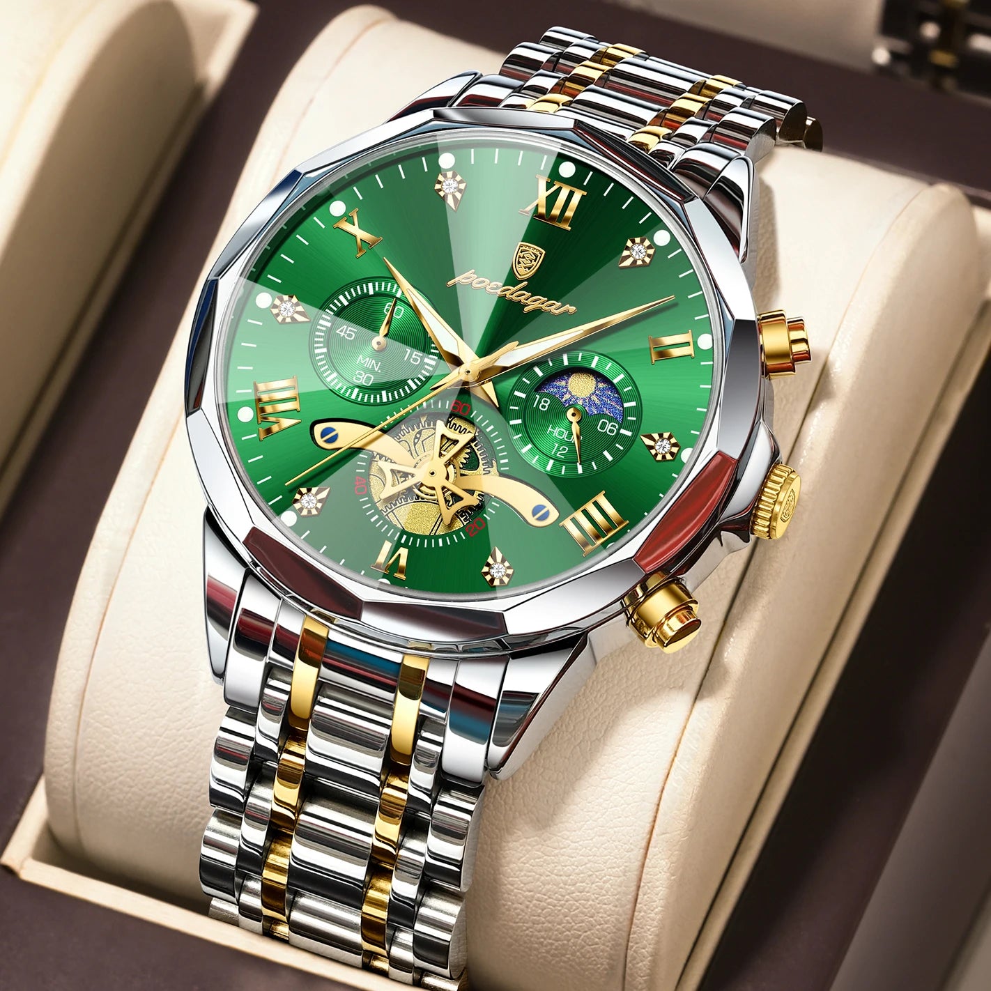 POEDAGAR Luxury Men Clock Waterproof Luminous - 938 Gold Green / China Mainland