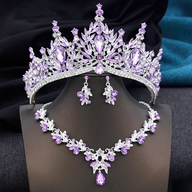 Royal Queen 3 Pcs Tiaras and necklace earrings for - Silver Purple Set