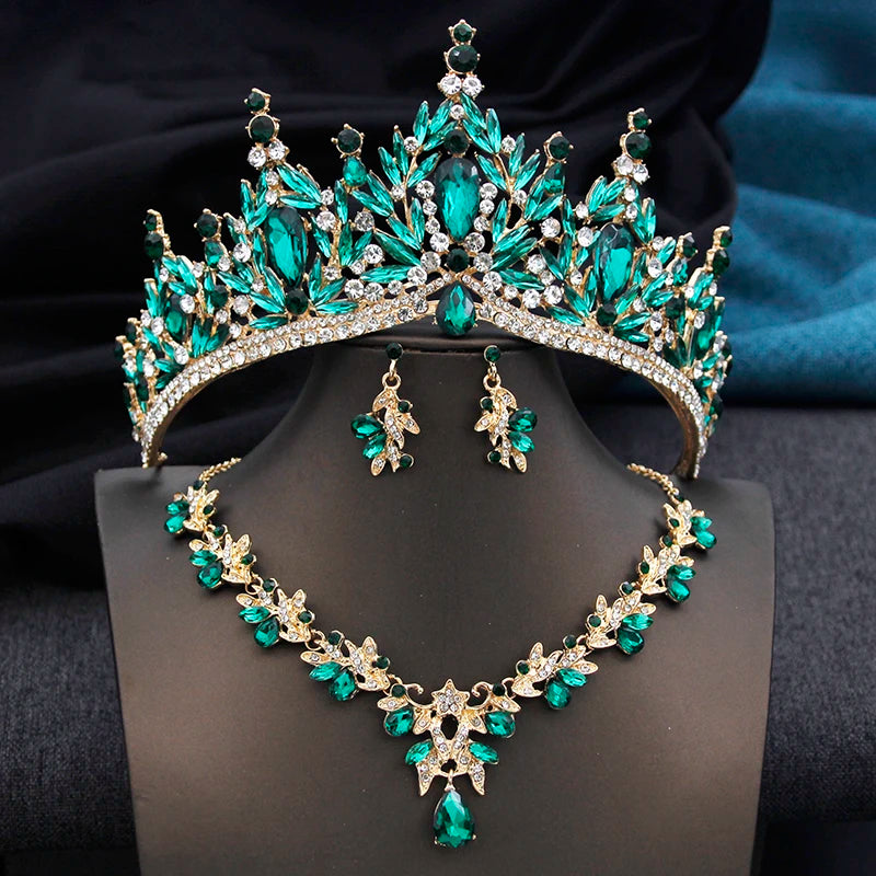 Royal Queen 3 Pcs Tiaras and necklace earrings for - Gold Green Set