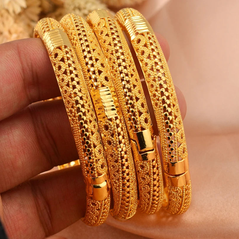 Bracelets Dubai Gold Color Bangles For Women Men Girls - 4pcs / 58-60mm / Gold