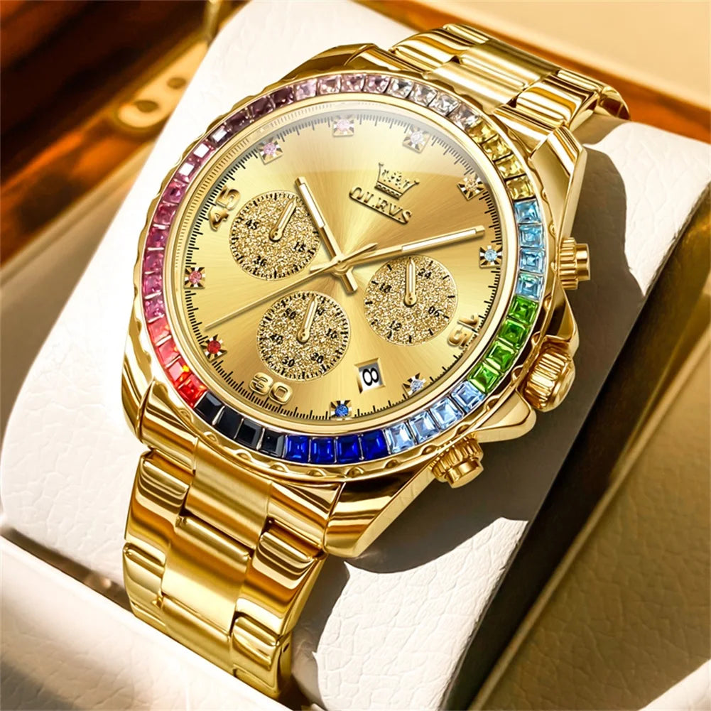 Watch for Men OLEVS Rainbow Gemstone Bezel Business - gold