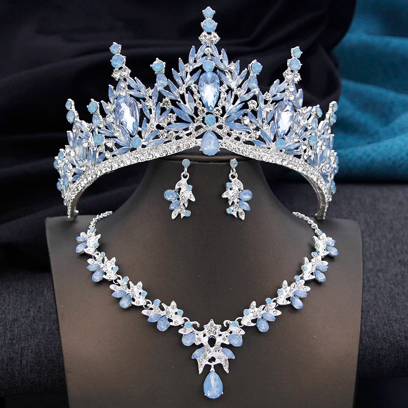 Royal Queen 3 Pcs Tiaras and necklace earrings for - Opal Blue Set