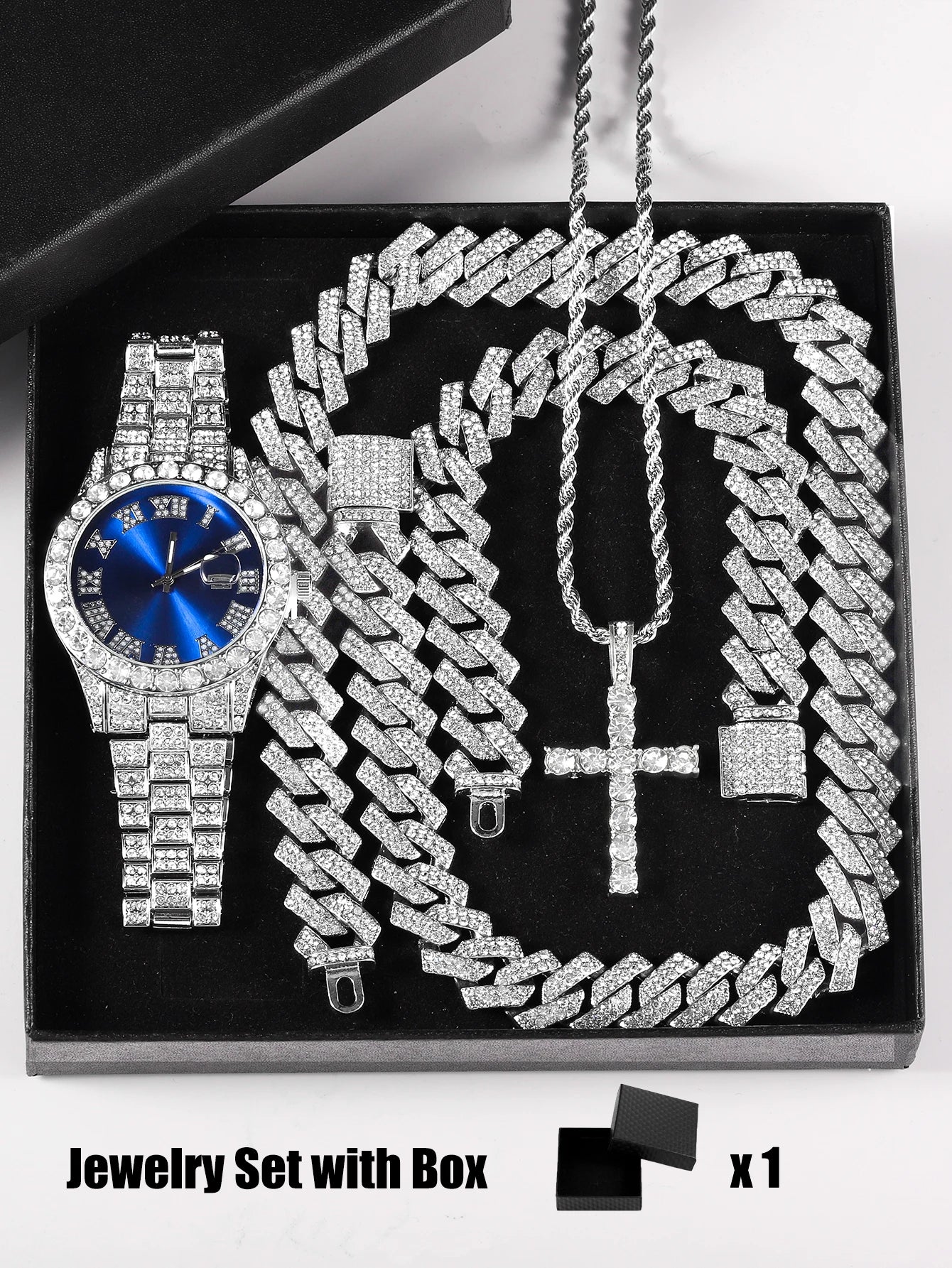 Quartz Watch Set Gift Box Cuban Necklace Bracelet - Silver Color / 50cm