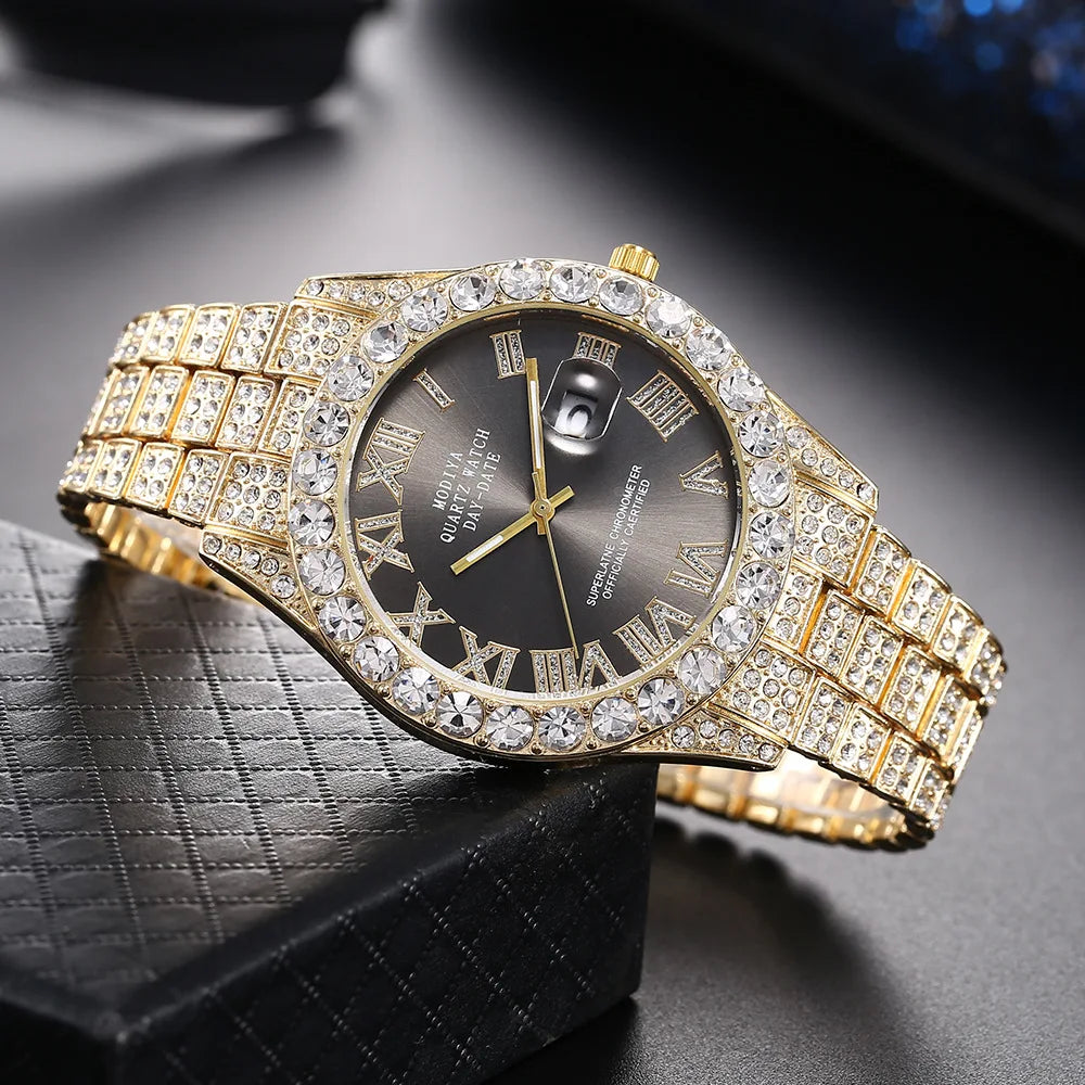 Luxury Classic Golden Men's Steel Strap Roman Scale - golde black / CN