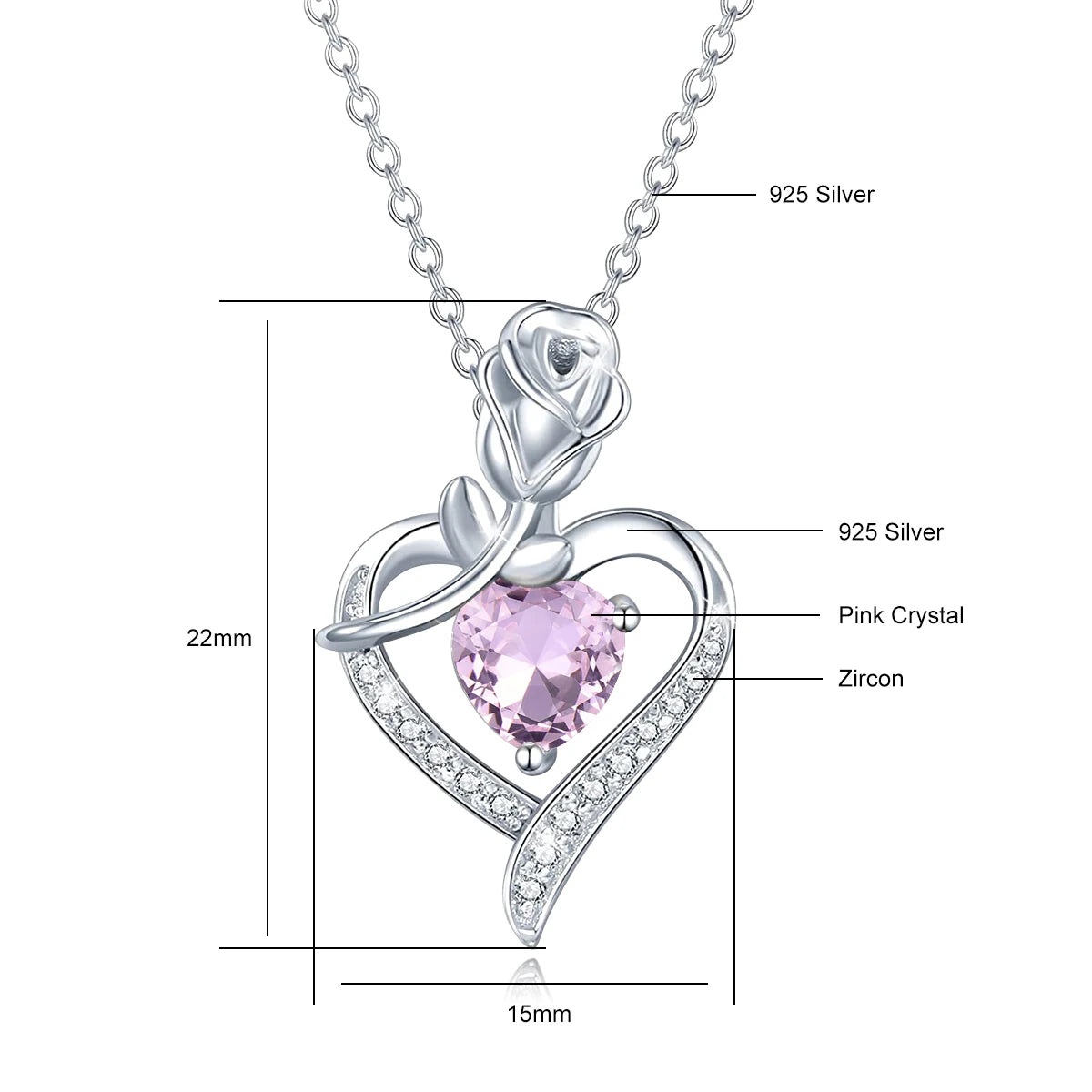 Romantic 925 Silver Necklace Rose Heart Design