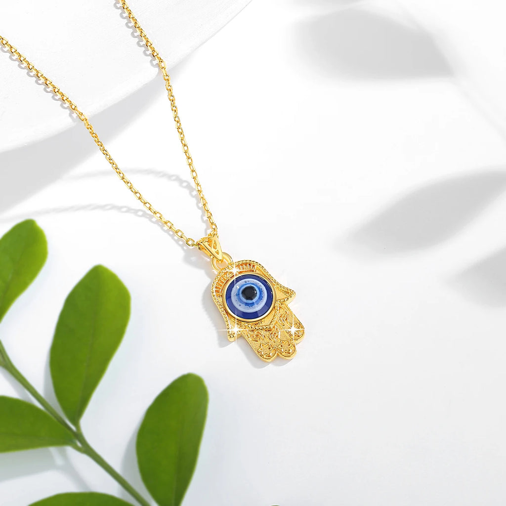 Szjinao 100% 18k Real Gold Evil Eye Necklace Hand