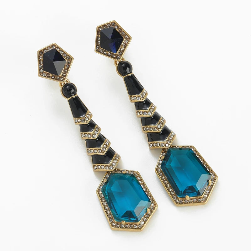 Vintage Long Blue Crystal Drop Earring Gold Color